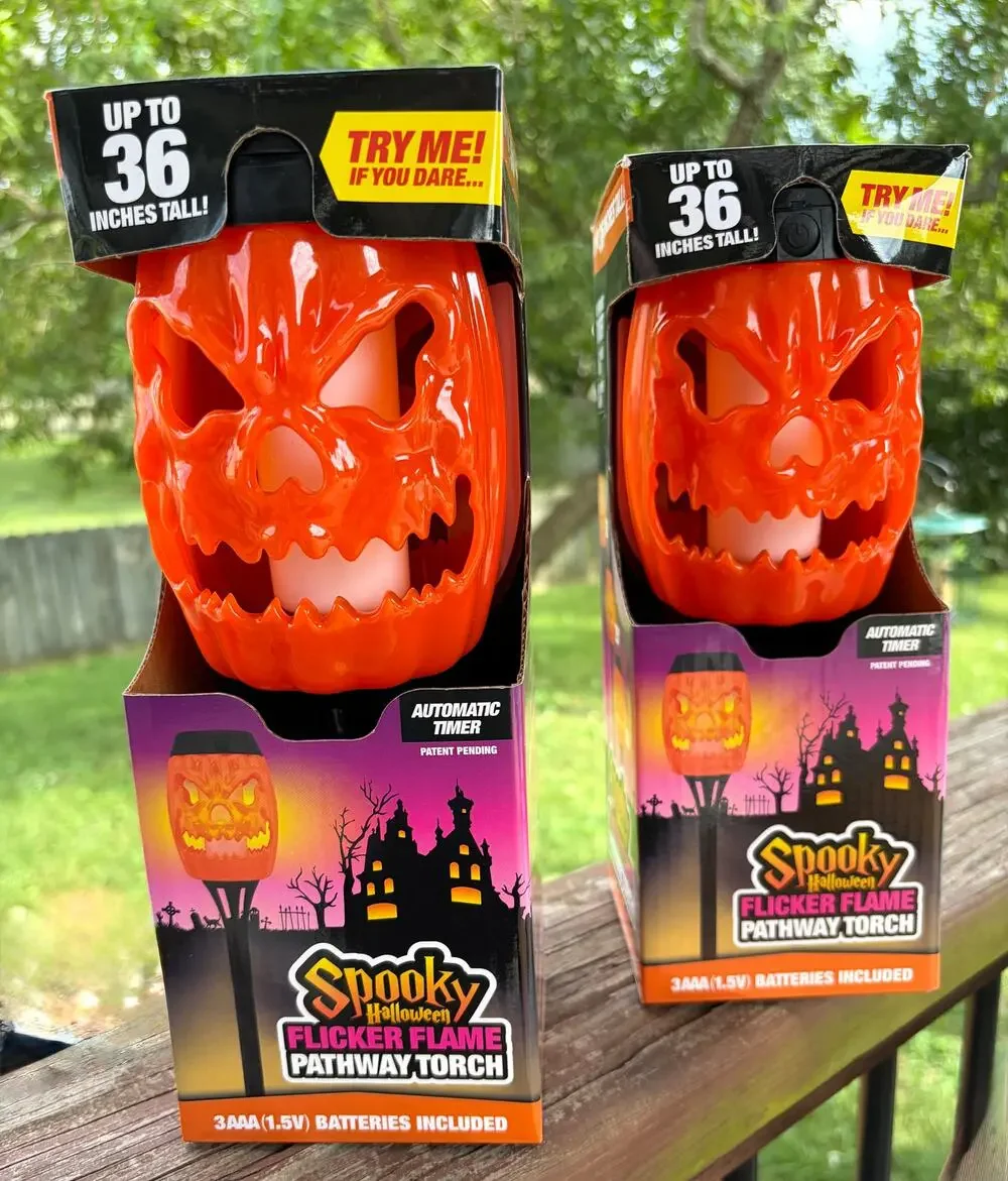 Set of Two - Spooky Halloween Flickering Flame Pathway Torch Jack-o'-Lantern